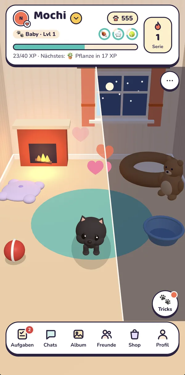 Duopaw: derselbe eingerichtete Raum mit Kamin und Teddy, links am Tag, rechts in der Nacht
